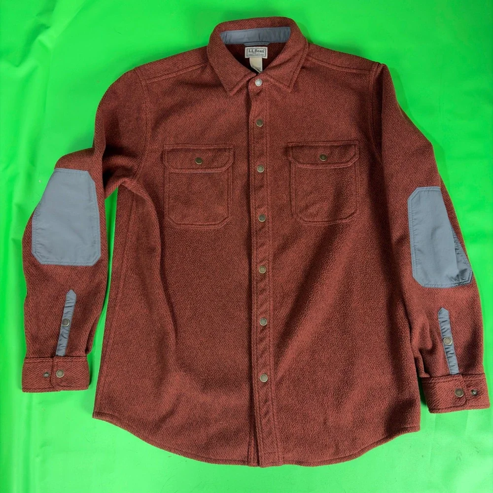 LL Bean Fleece Shacket Mens M Burgundy Reinforced Elbow Patches Shirt Jacket EUC